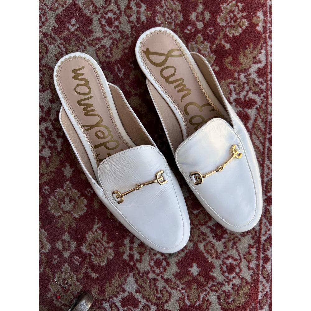 SAM EDELMAN Linnie White Leather Gold Horsebit Mule Flat Loafer Slides Sz 7 NWOT